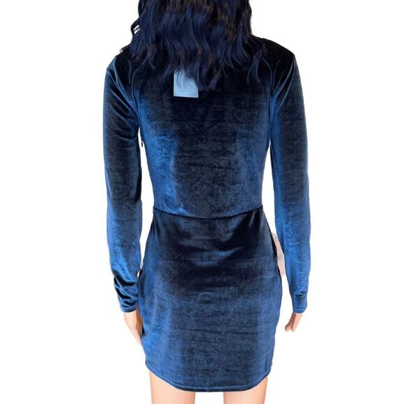 NWT NBD x Revolve Navy Lace Up Velvet Long Sleeve Bodycon Mini Dress - Picture 5 of 6